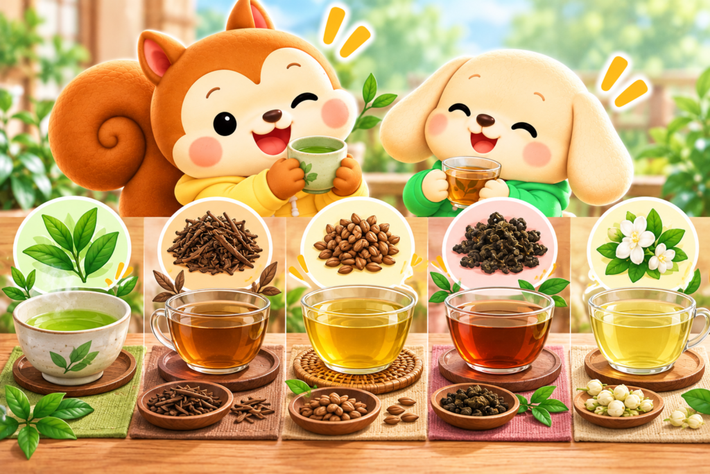 特茶・黒烏龍茶・からだすこやか茶W+を比較する女性