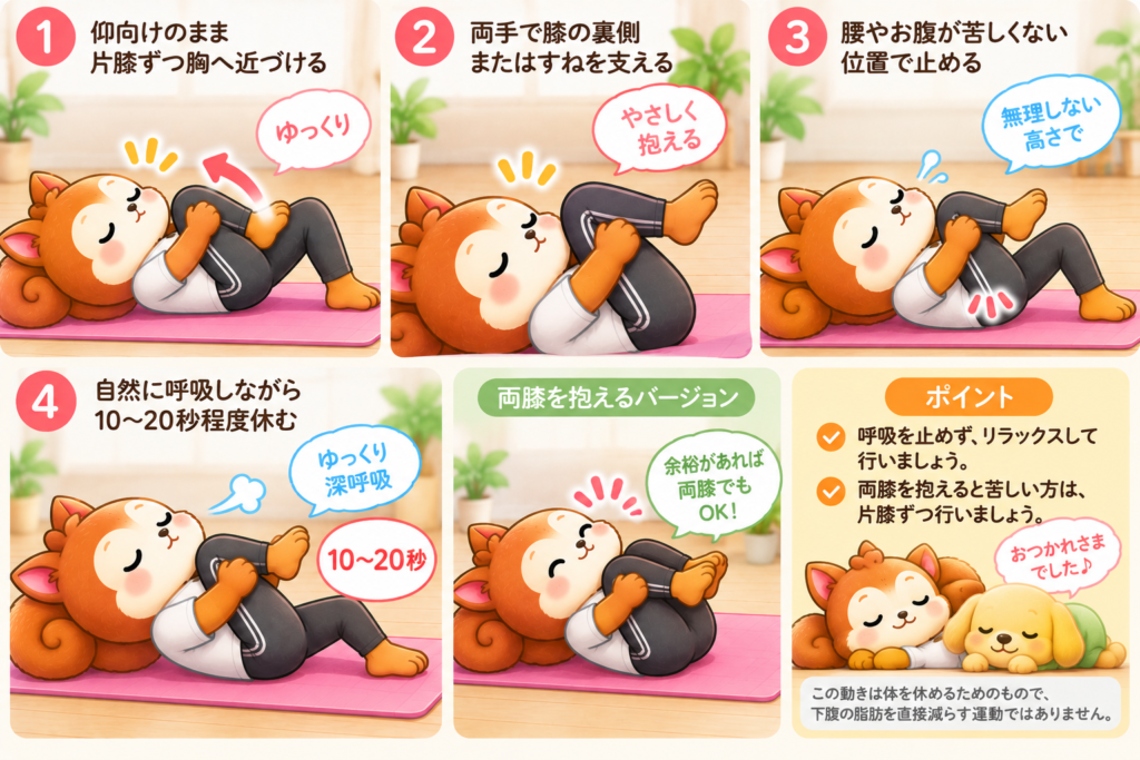 仰向けで両膝を抱えて休むストレッチ