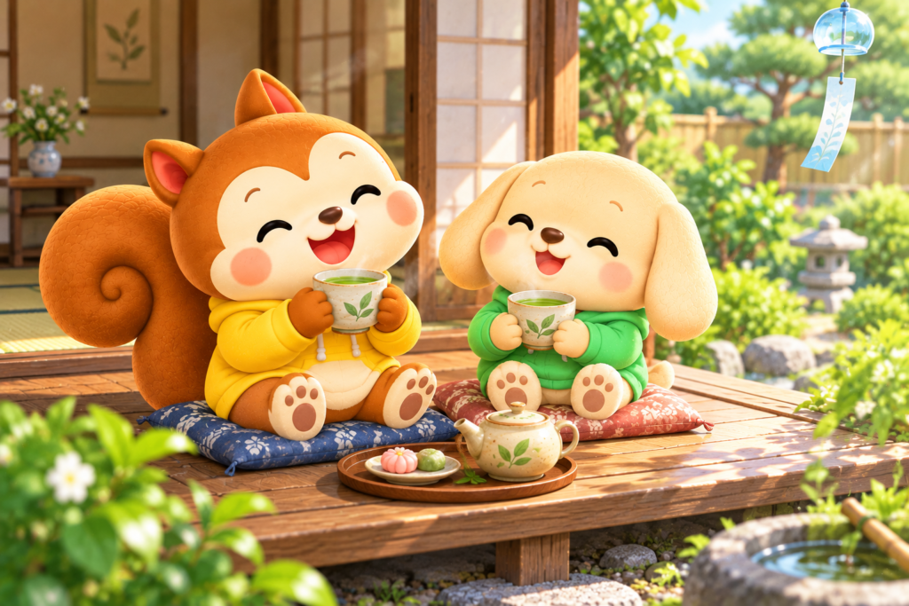 縁側で緑茶を楽しみながら休憩する女性